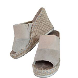 Toms Beige Wedge Espadrille Sandals Womens Size 7 Suede & Fabric Upper Peep Toe